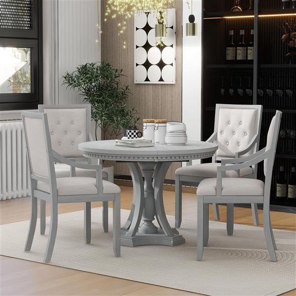 Retro 5-piece Dining Set Extendable Round Table and 4 Chairs for Kitchen Dining Room(ANTIQUE GRAY OAK)