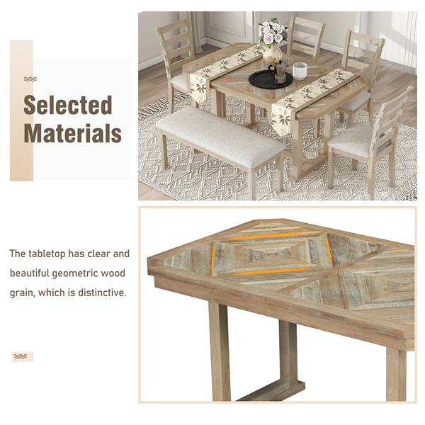 6-Piece Rubber Wood Dining Table Set with Beautiful Wood Grain Pattern Tabletop Solid Wood Veneer and Soft Cushion (Natural Wood Wash)