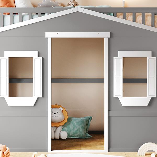 Twin Size House Loft Bed With Ladder-Gray+White Frame