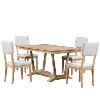 Rustic 5-piece Dining Table Set with 4 Upholstered Chairs, 59-inch Rectangular Dining Table with Trestle Table Base, Naural