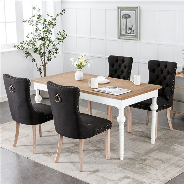 Modern, High-end Tufted Solid Wood Contemporary Flax Upholstered Linen Dining Chair with Wood Legs Nailhead Trim 2-Pcs Set,Black Linen, SW6801BK