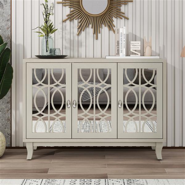 Sideboard with Glass Doors, 3 Door Mirrored Buffet Cabinet with Silver Handle for Living Room, Hallway, Dining Room (Champagne ld)