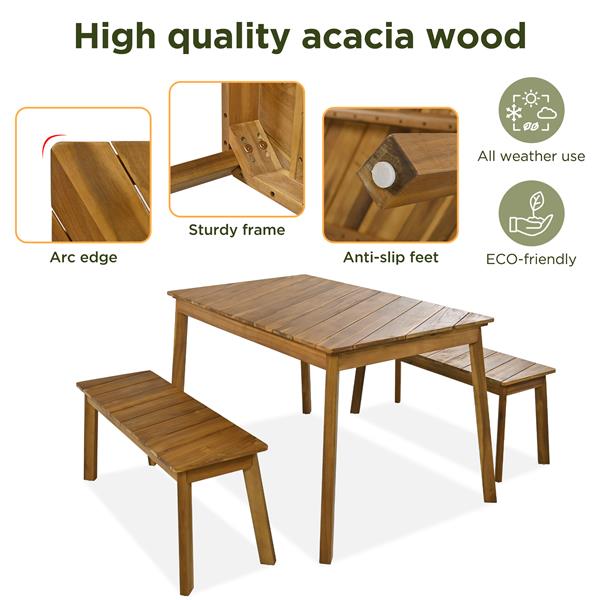 3 Pieces Acacia Wood Table Bench Dining Set For Outdoor & Indoor Furniture With 2 Benches, Picnic Beer Table for Patio, Porch, Garden, Poolside, Natural