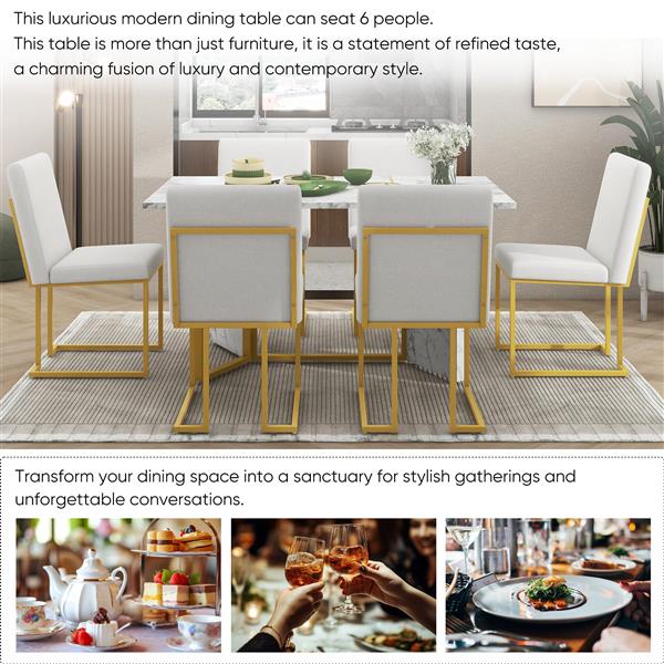 7-Piece Modern Dining Table Set, Artificial Marble Sticker Tabletop and 6 Upholstered Linen Chair All with lden Steel Legs for Dining Room and Kitchen (White + ld)