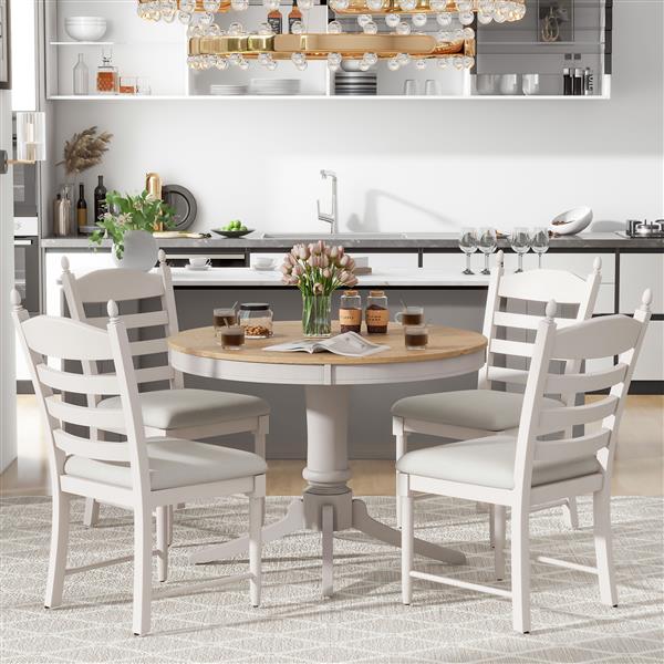 5-Piece Retro Functional Dining Table Set Wood Round Extendable Dining Table and 4 Upholstered Dining Chairs (Off White)