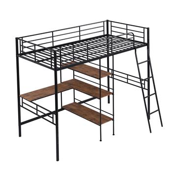 Twin Size Metal Loft Bed and Built-in Desk and Shelves,Black