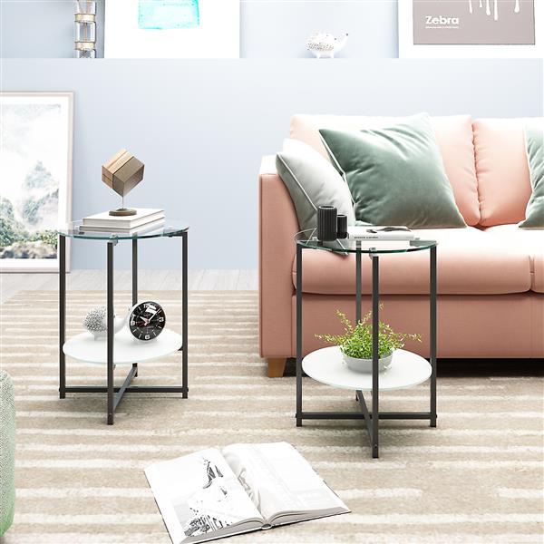 2-piece set (Clear) Tempered Glass End Table, Round Coffee Table for Bedroom Living Room Office