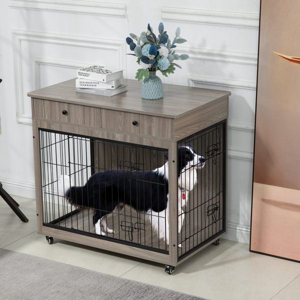  38.4" Wooden Dog Crate Furniture Decorative Pet Cage Dog Kennel with 2 Drawers