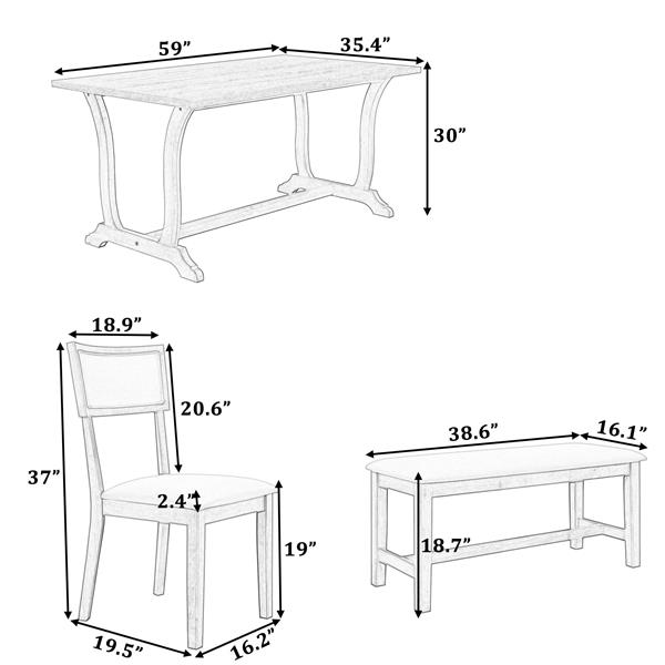 Farmhouse 6-Piece Trestle Dining Table Set with Upholstered Dining Chairs and Bench, 59inch, Brown