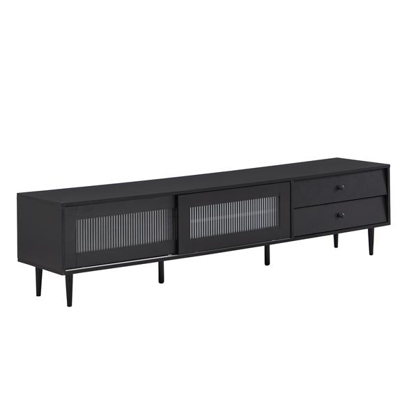 Chic Elegant Design TV Stand with Sliding Fluted Glass Doors, Slanted Drawers Media Console for TVs Up to 75", Modern TV Cabinet with Ample Storage Space, Black