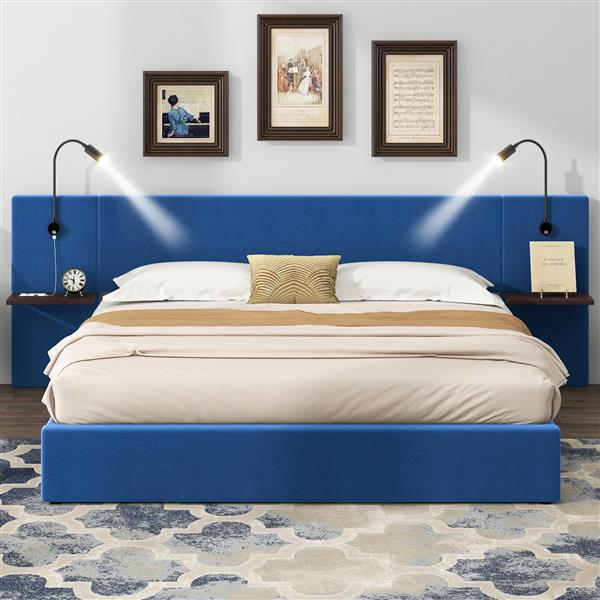 Queen Size Storage Upholstered Hydraulic Platform Bed with 2 Shelves, 2 Lights and USB, Blue