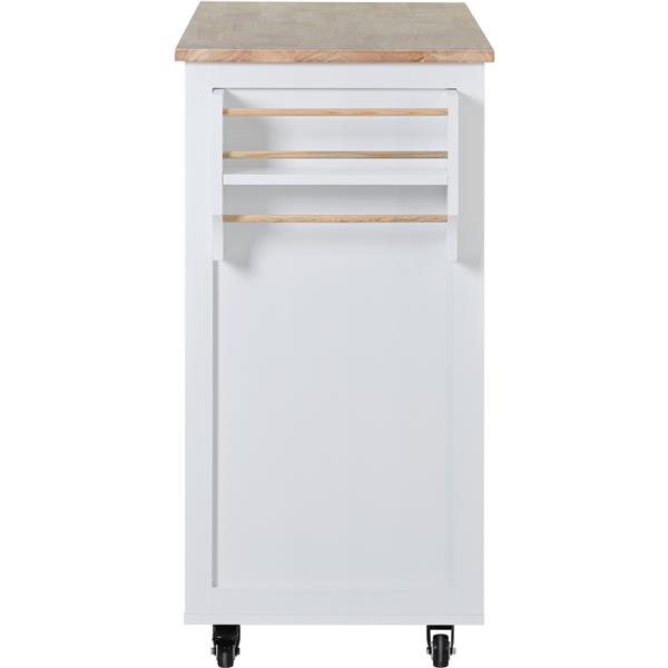 Kitchen Cart with Rubber Wood Countertop , Kitchen Island has 8 Handle-Free Drawers Including a Flatware Organizer and 5 Wheels for Kitchen Dinning Room, White