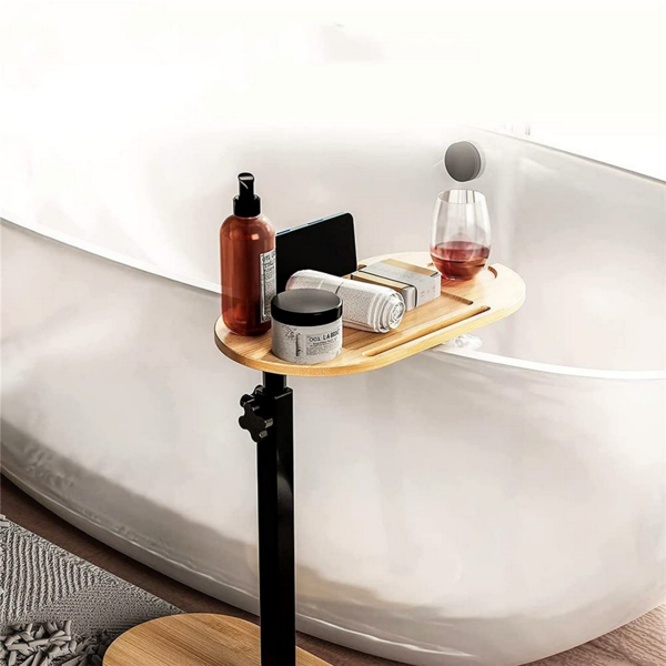 Adjustable height bamboo bathtub tray table, freestanding bathtub caddy tray for wall mounted bathtubs, bathtub side table for luxurious bathtubs, family hydrotherapy, and home heating