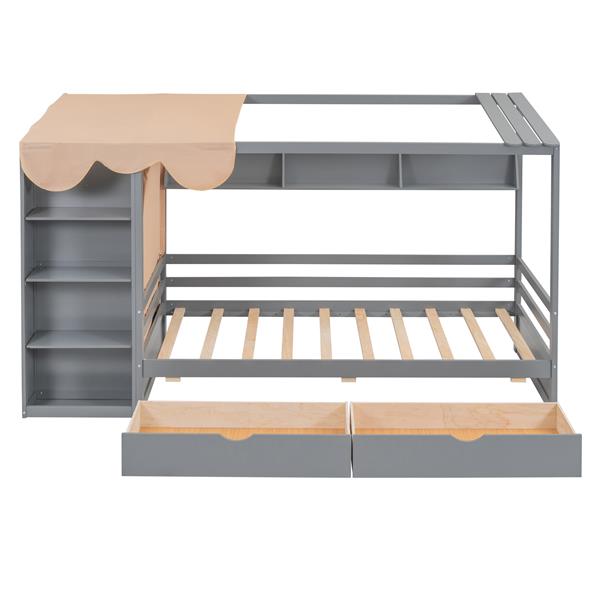 Twin size House Bed with Two Drawers and Wardrobe,Gray