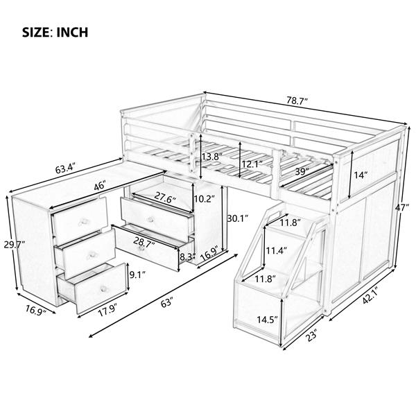 Loft Bed Low Study Twin Size Loft Bed With Storage Steps and Portable,Desk,Espresso