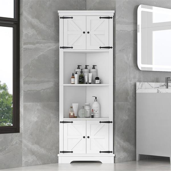 Tall Bathroom Storage Cabinet, Corner Cabinet with Doors and Adjustable Shelf, MDF Board, White