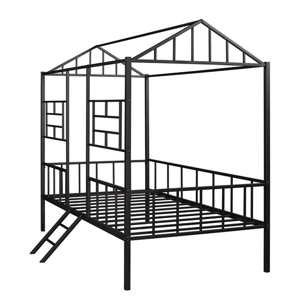 Metal House Bed Frame Twin Size with Slatted Support No Box Spring Needed Black