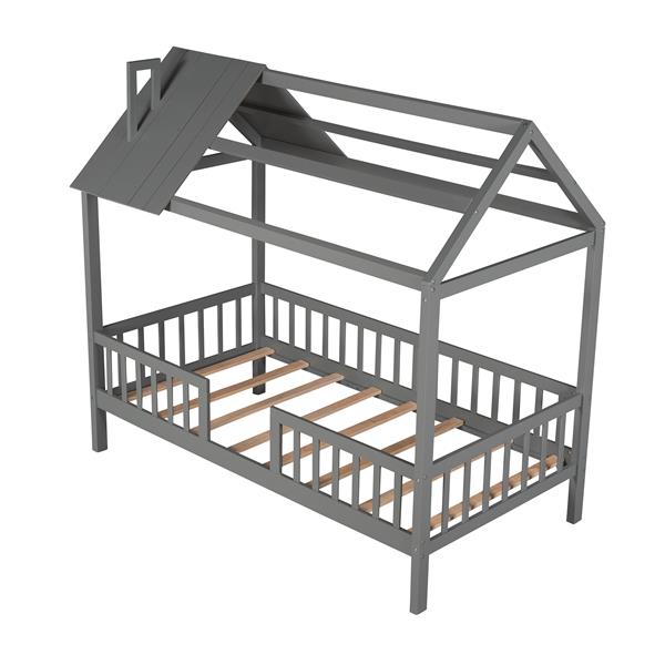 Twin Size Wood House Bed with Fence, Gray