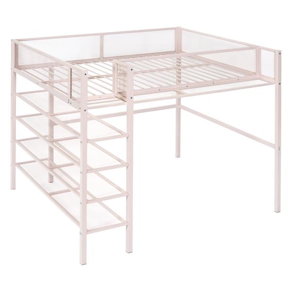 Full Size Metal Loft Bed with 4-Tier Shelves and Storage, Pink