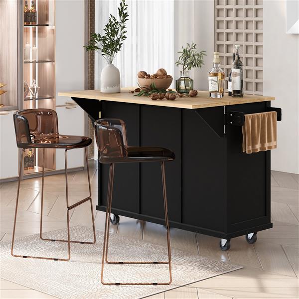 Kitchen Cart with Rubber wood Drop-Leaf Countertop ,Cabinet door internal storage racks,Kitchen Island on 5 Wheels with Storage Cabinet and 3 Drawers for Dinning Room, Black