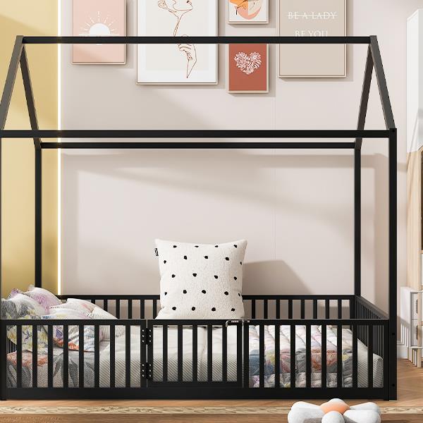 Full Size Metal House Bed with Fence and Door, Black