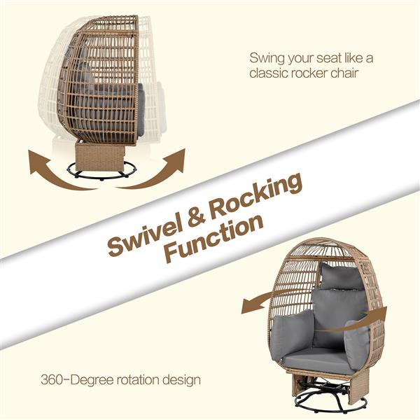 Outdoor Swivel Chair with Cushions, Rattan Egg Patio Chair with Rocking Function for Balcony, Poolside and Garden (Natural Wicker + Grey Cushion)