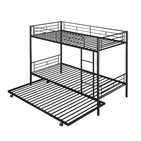 Twin-Over-Twin Metal Bunk Bed With Trundle,Can be Divided into two beds,No Box Spring needed ,Black