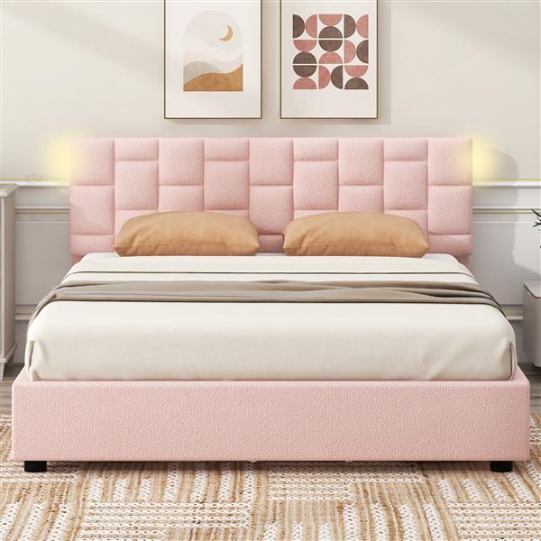 Queen Size Upholstered Platform bed with Height-adjustable Headboard and Under-bed Storage Space,Pink