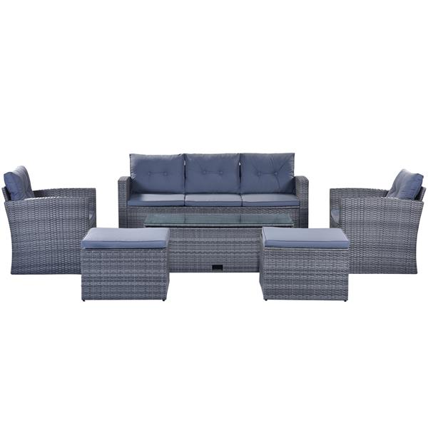 6-piece All-Weather Wicker PE rattan Patio Outdoor Dining Conversation Sectional Set with coffee table, wicker sofas, ottomans,  removable cushions (Dark grey wicker, Light grey cushion)