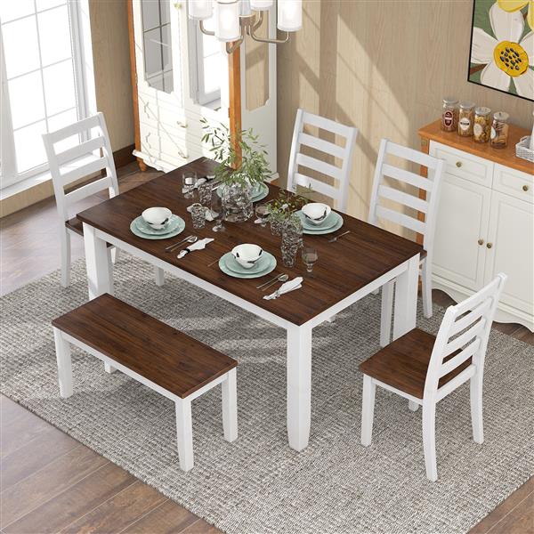 Rustic Style 6-Piece Dining Room Table Set with 4 Ernomic Designed Chairs & a Bench (Walnut + Cottage White)