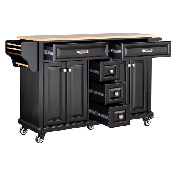 Kitchen Island with Rubber wood Countertop, Kitchen Cart on 5 Wheels with Storage Cabinet and 5 Drawers for Dinning Room, Black