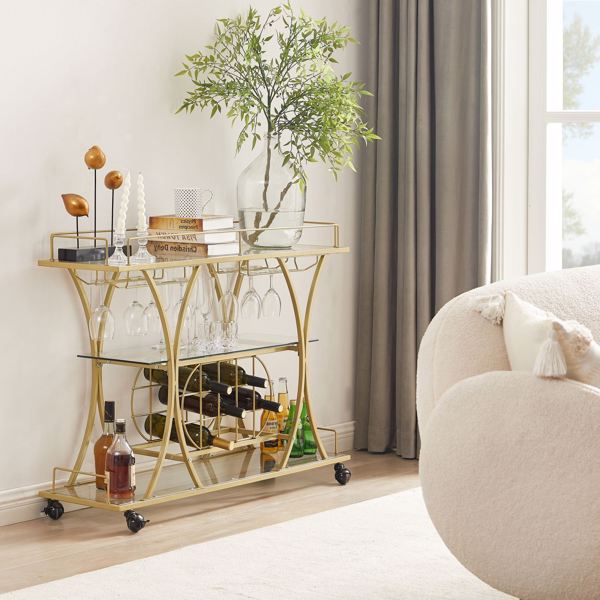 Electroplated Glass Bar Cart, With Wine Rack And Glass Holder, For Kitchen, Serving, Hotel  Gold