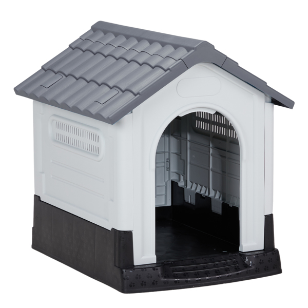 33 inch Large Plastic Dog House, Indoor Outdoor Doghouse Pet House with Air Vents and Elevated Floor, Insulated Water Resistant Puppy Shelter Kennel, Gray & White