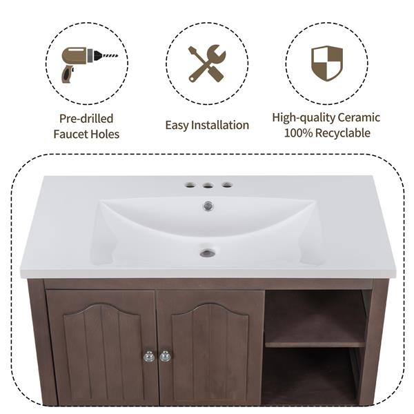 [VIDEO] 36" Bathroom Vanity with Ceramic Basin, Bathroom Storage Cabinet with Two Doors and Drawers, Solid Frame, Metal Handles, Brown