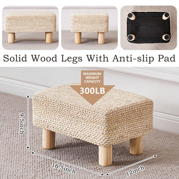 Foot Stool Ottoman Rectangular Footrest Pouf Ottomans Natural Seagrass Footstool with Wooden Legs Hand Weave Step Stool for Living Room Bedroom Entryway 