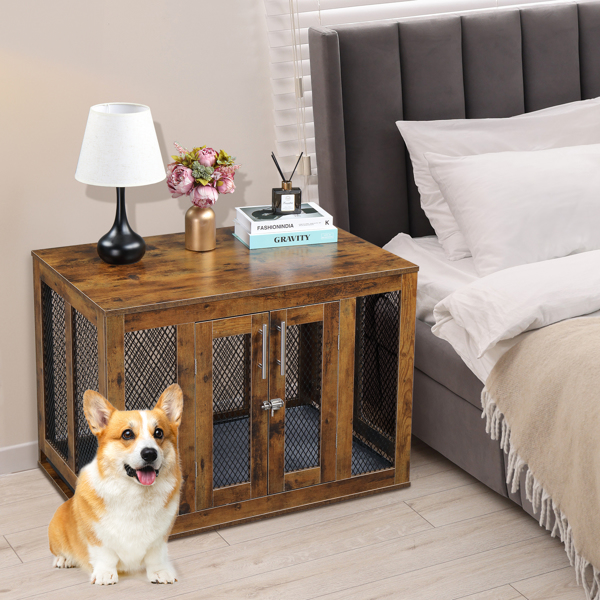 Furniture Dog Crate with Tray for Medium Dogs, Indoor Aesthetic Puppy Kennel Pet House Dog Cage with Door, Modern Decorative Wood Pretty Cute Fancy End Side Table Nightstand, Rustic Brown