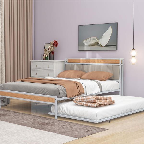 Queen Size Metal Platform Bed Frame with Twin size trundle, Upholstered headboard, Sockets, USB Ports and Slat Support, No Box Spring Needed, White