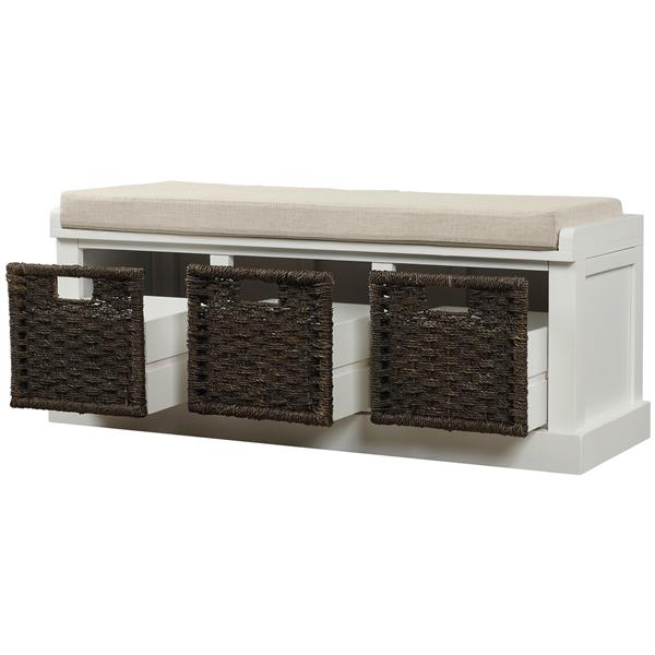 Rustic Storage Bench with 3 Removable Classic Rattan Basket , Entryway Bench Storage Bench with Removable Cushion (White)