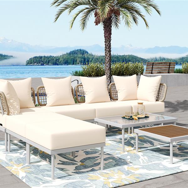 8-Piece Patio Sectional Sofa Set with Tempered Glass Coffee Table and Wooden Coffee Table for Outdoor Oasis, Garden, Patio and Poolside (Beige Cushion + White Steel)