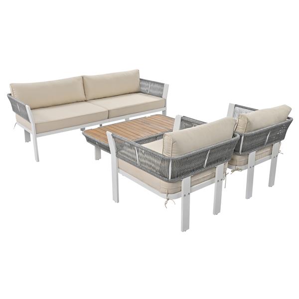 4-Piece Outdoor Patio Conversation Set with Coffee Table and Soft Waterproof Cushions for Garden, Poolside and Backyard(Gray Rope+Beige Cushion)