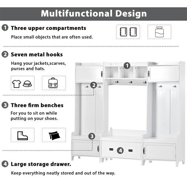 Modern Style 4-in-1 Multiple Functions Hallway Coat Rack with Seven Metal Black Hooks, Entryway Bench Hall Tree with Ample Storage Drawer, White