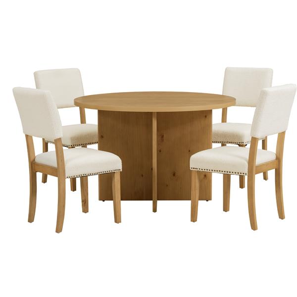 Modern 5-Piece Round Dining Table Set Pedestal Kitchen Table Set with 4 Upholstered Dining Chairs for Studio, Apartment, Small Places, Natural