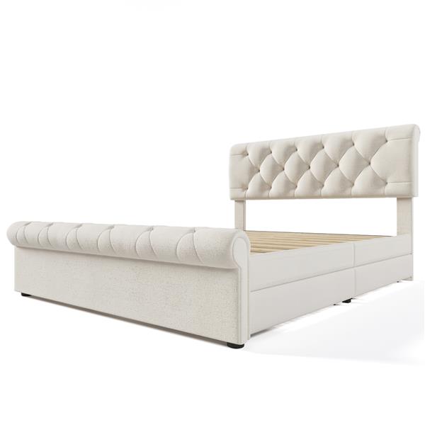 Full size Upholstered Platform bed with Four Drawers, Antique Curved Headboard, Linen Fabric, Beige (without mattress)