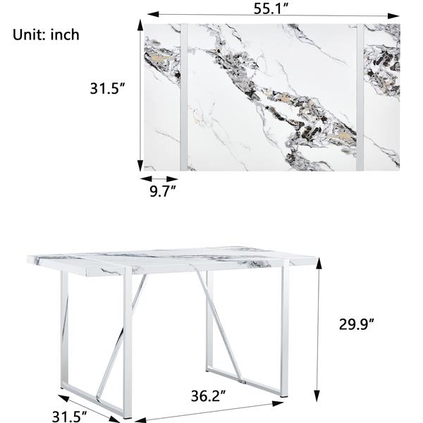 Modern Dining Table, 55 inch Faux Marble Kitchen Table for 4 People, Rectangular Dinner Table for Dining Room, Home Office, Living Room Furniture, Easy Assembly, (White & Silver)(Only Table)