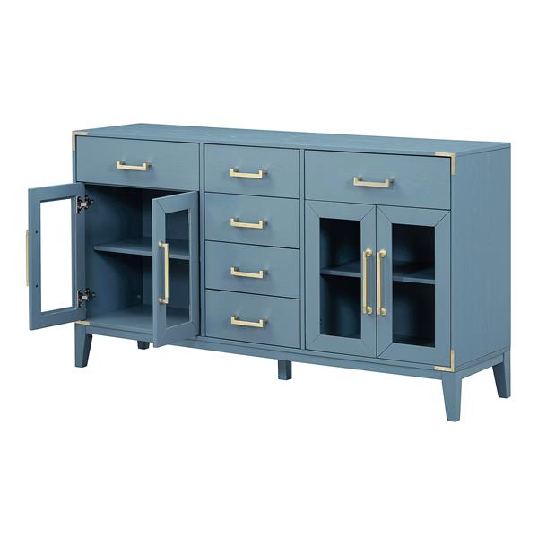 6-drawer and 2-Cabinet Retro Sideboard with Extra Large Storage Space, with ld Handles and Solid Wood Legs, for Kitchen and Living Room (Antique Blue)