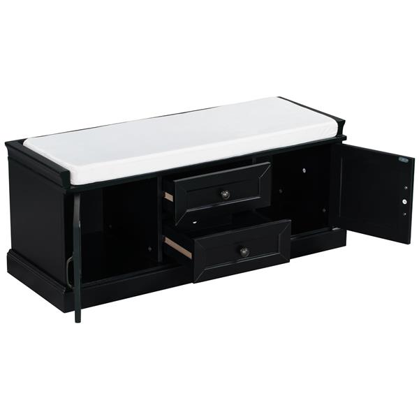 Storage Bench with 2 Drawers and 2 Cabinets, Shoe Bench with Removable Cushion for Living Room, Entryway (Black)