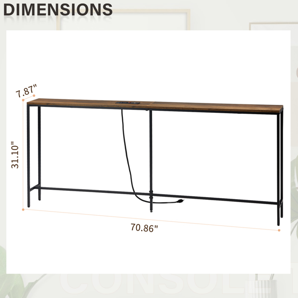 70.9 inch Narrow Long Console Table with 2 Power Outlets & USB Ports, Narrow Entryway Table Sofa Table Behind Couch for Living Room, Rustic Brown