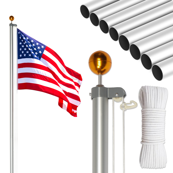 Flag Pole Kit for Outside House in Ground, 30FT Sectional Aluminum Extra Thick Flagpole, 5x3 US Flag, Heavy Duty Flag Poles Kit for Yard