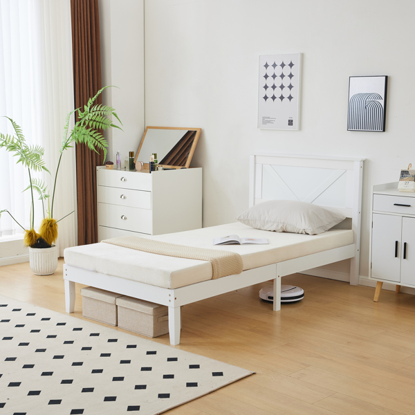 Twin Size Solid Wood Platform Bed Frame with Headboard White