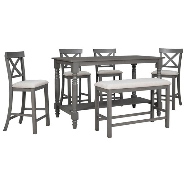 6-Piece Counter Height Dining Table Set Table with Shelf 4 Chairs and Bench for Dining Room (Gray)